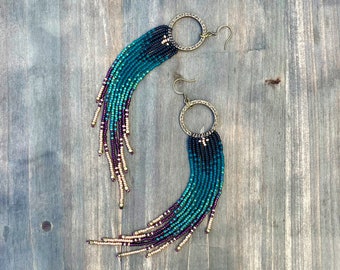 Gift For, Hoop Earrings with Long Fringe, Seed Bead Earrings with Ombre Pattern,  Statement Earrings, Boho Beaded Earrings, Bohemian