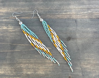 Boho Bead Earrings, Southwestern Style Earrings with Long Fringe, Bohemian Jewelry, Shoulder Duster Seed Bead Earrings, Handwoven Earrings