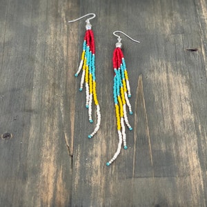 Long Boho Bead Earrings with Red, Turquoise, Yellow and Ivory Seed Beads. Southwestern Fringe, Handwoven Bohemian Jewelry, OOAK Statement