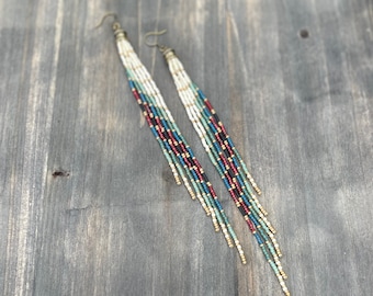 Long Seed Bead Fringe Earrings, Bohemian Shoulder Dusters, Handmade in USA
