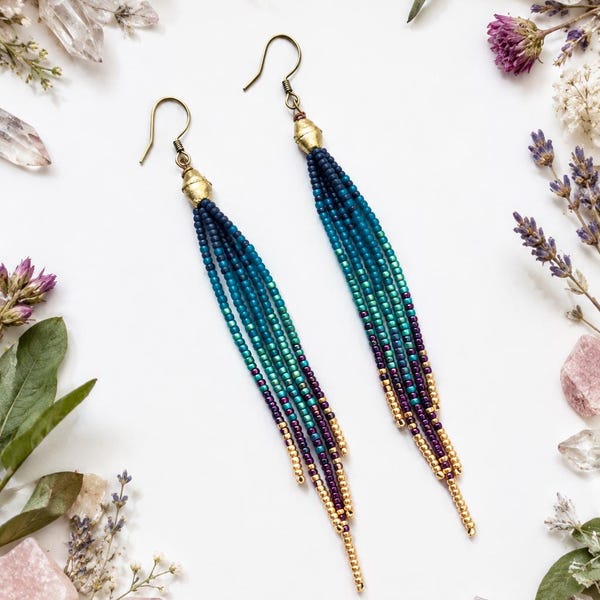 Long Peacock Ombre Seed Bead Earrings, Boho Fringe Jewelry