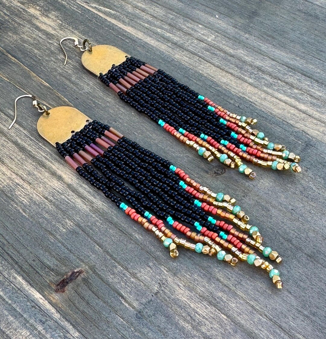 Long Boho Beaded Fringe Earrings, Seed Bead Dangles, Earthy Black ...