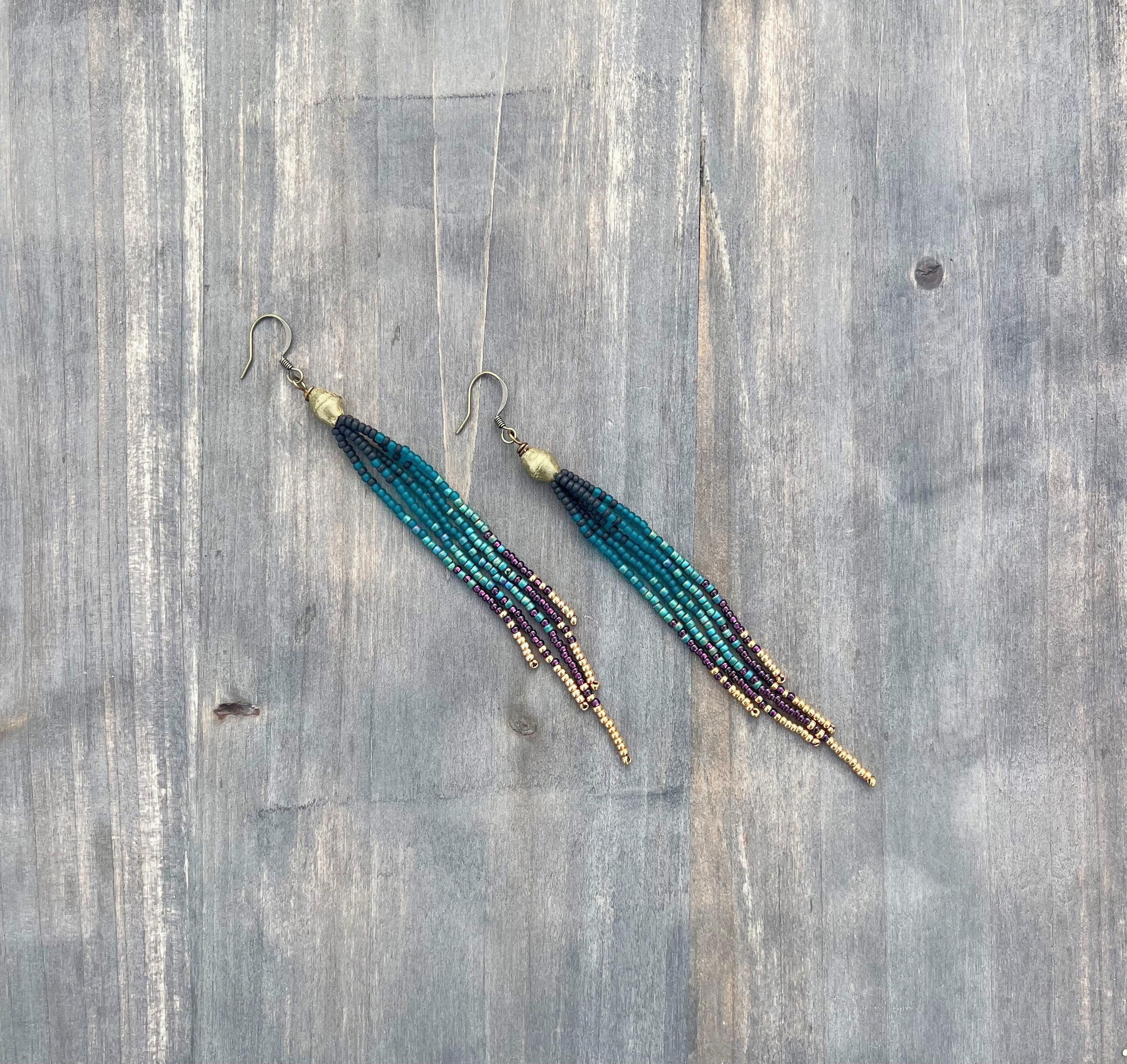 Long Seed Bead Earrings Peacock Colors Ombre Pattern Beaded Fringe Earrings Bohemian Jewelry Boho Beaded Earrings Long Dangle Earrings