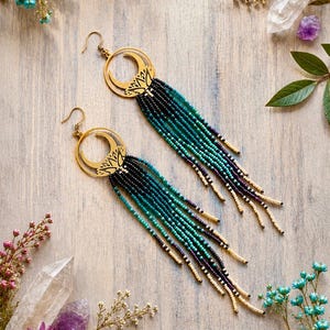 Handwoven Ombré Seed Bead Earrings, Gold Lotus Charm, Bohemian Fringe