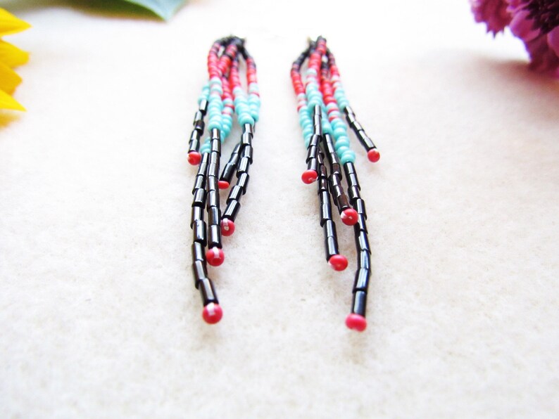 Long Seed Bead Earrings Beaded Fringe Earrings Boho Beaded Earrings Tribal Bohemian Seed Bead Earrings Boho