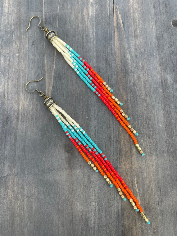 Native American Intricate Hand Woven Beads Southwestern Red Sterling Silver Earrings Native American Intricate Hand Woven Beads Southwestern Red Sterling Silver Earrings