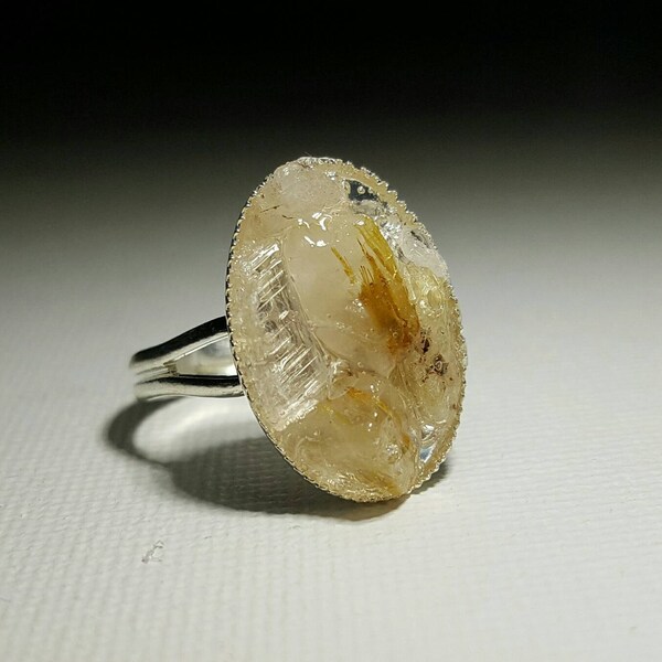 1 Protective Golden Rutilated Quartz Selenite Ring Adjustable Crystal Healing Reiki Charged High Vibration Energy Healing Spiritual Angels