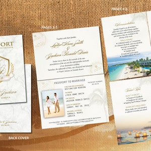 Gold Passport Wedding Invitation Booklets, Classic Travel Booklet Invites, Family Crest Monogram Cover