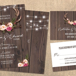 Invitation de mariage rustique Floral Antlers, Cartes RSVP, Impressions ou numérique disponible, Mariage sur le thème de la campagne, Livraison gratuite, Invitations personnalisées
