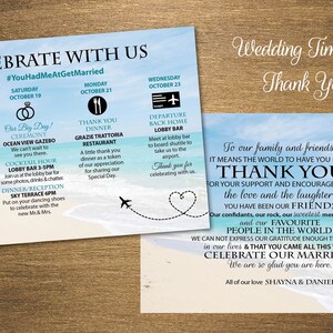 May include: Wedding timeline and thank you card set. The invitation features a beach scene with a wedding itinerary, including ceremony and dinner details. The thank you card expresses gratitude to family and friends.