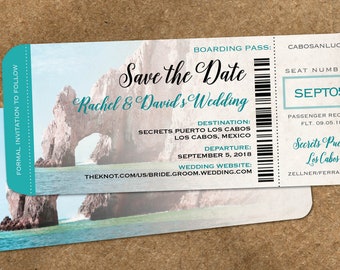 カボのデスティネーションウェディング搭乗券、Save The Dates、ビーチステーショナリー、トロピカルなSave the Date Travel Wedding、デジタルテンプレート、または印刷