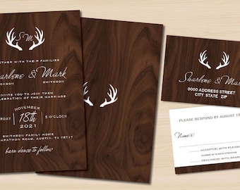 Antler Wedding Invitation Set, Farmhouse Rustic Wedding Invitations, Prints or Printable on Own, Outdoor Weddings