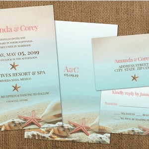 Classy Wedding Beach Invitation Set from Idowithyou, shown in Coral and Aqua