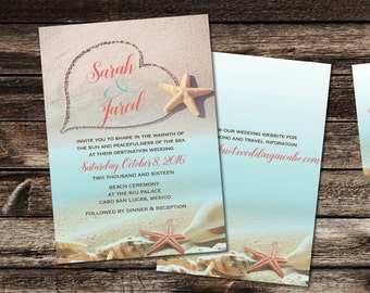 Aqua Destination Wedding Invite Set, Heart Drawn in Sand, Beach Elegant Wedding Invitations
