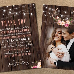 Cartes de remerciement de mariage | Boho Rustique Thème | Bois et aquarelle Fleurs