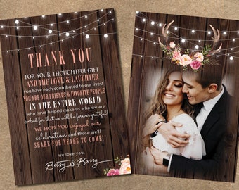 Wedding Thank You Cards  | Boho Rustic Theme | Wood and Watercolor Flowers