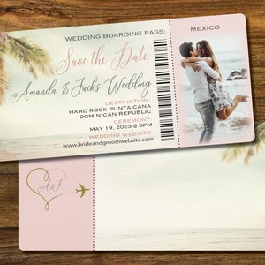 Beach Wedding Boarding Pass Save The Dates With Couple Photo, Destination Wedding Invitation Package, Tropical Themed Wedding Invite Suite