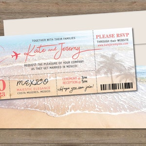 Tropical Coral Beach Destination Wedding Boarding Pass Style Save The Date, Wedding Invitation Set for Beach Themed Weddings, Unique Invite