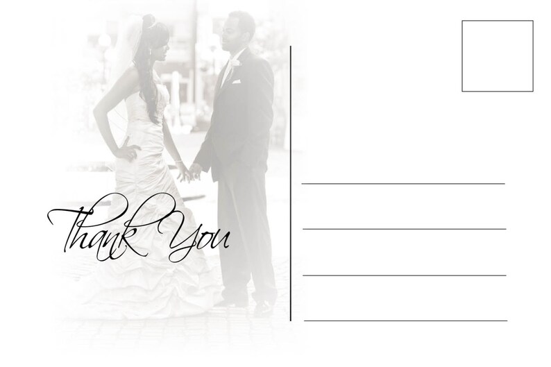 May include: A black and white postcard featuring a bride and groom holding hands. The bride wears a white wedding dress and veil. The groom is in a black suit. The words "Thank You" are written in elegant script.