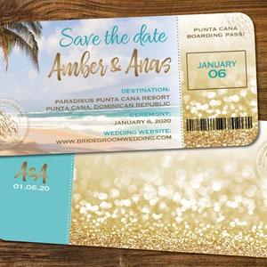 Forfait d'invitation de mariage à destination, Style de carte d'embarquement or Save The Date, Pack de papeterie de mariage de plage, imprimé ou numérique