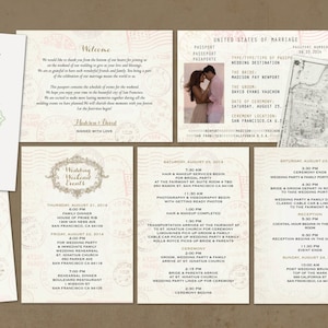 Könnte beinhalten: Hochzeitspapeterie-Set mit einer Einladung im Pass-Stil mit mintgrünem und goldenem Design, einer Willkommenskarte und einer Reiseroute. Das Design beinhaltet eine Karte und ein Foto eines Paares.