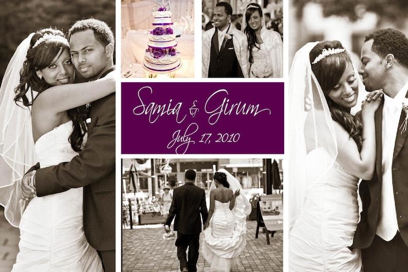 May include: A sepia-toned collage of wedding photos. The images include a couple embracing, a multi-tiered cake with purple floral accents, and the couple walking hand-in-hand. Text on a purple background reads "Samia & Girum July 17, 2010."