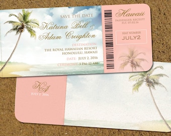 Blush Save the Dates, Boarding Pass Wedding Invitations for Beach Weddings, ou Rose Gold Boho Invitation.