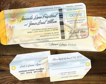 Yellow Floral Boarding Pass Set, Destination Wedding, Luggage Tag Reply, Tropical Wedding Invitations