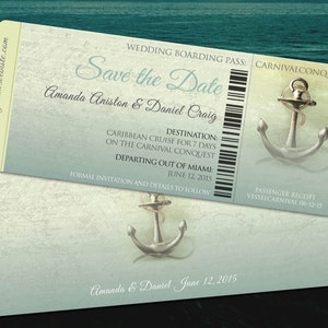 Pases de embarque de cruceros, día de la boda del crucero, guardar la fecha, conjunto de invitaciones personalizadas, ancla antigua, verde azulado, impreso o digital