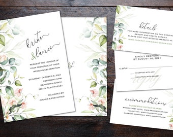 Minimalist Simple Wedding Invitations, Greenery Leaves Design with Reply and Details Card, Intimate Weddings