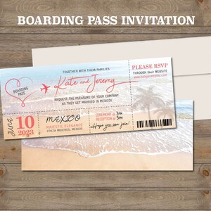 Style carte d'embarquement pour mariage à destination de plage tropicale, réservez cette date, faire-part de mariage pour mariages sur le thème de la plage, invitation unique