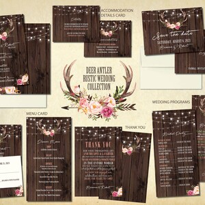 Collection de mariage rustique Deer Antler, Invitations de mariage de fleurs, Enregistrer les dates, Carte de détails, Cartes de menu, Programmes, Cartes de remerciement