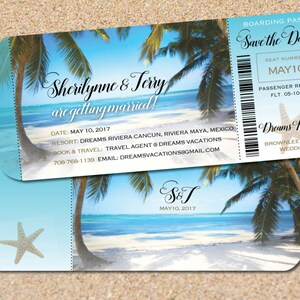 Hochzeitsflugticket Bordkarten, Creme Umschläge, Save the Date Hochzeitseinladung, tropische blaue Hochzeitseinladungen