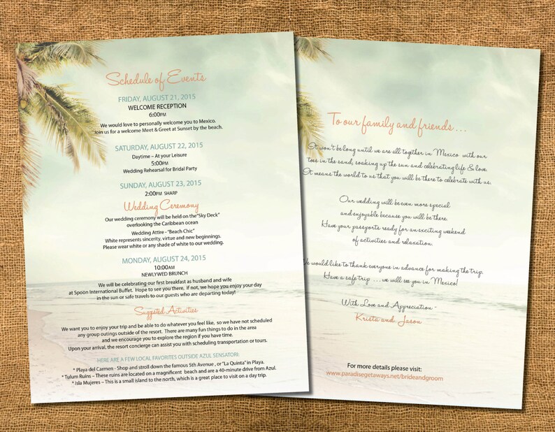 Wedding Itinerary Schedule Destination Beach Welcome Card Tote Bag Item Aqua Blue Mexico Dominican Caribbean