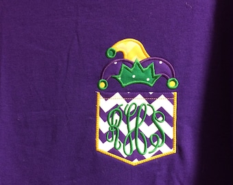 Long sleeve, Personalized, Appliqued, Monogrammed, Mardi Gras Jester Hat Feaux Pocket Tshirt,