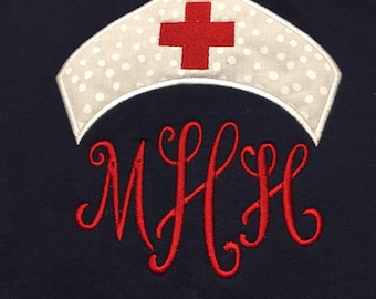 Personalized Monogrammed appliqued nurse cap short sleeve tshirt