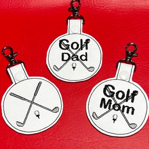 Embroidered, personalized, Golf mom, Golf dad, key fob, backpack tag, lunchbox tag, luggage tag, purse tag, gym bag tag etc