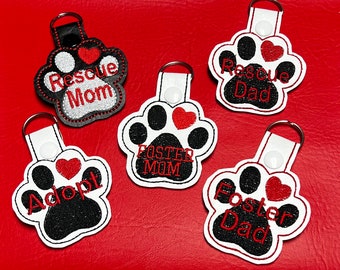 Embroidered Paw Print Key Fob: Personalized Rescue Mom/Dad Tag