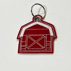 Embroidered red barn keychain, key fob, backpack tag, lunchbox tag, luggage tag, zipper pull, gym bag tag
