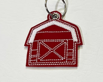 Embroidered Red Barn Keychain: Waterproof Vinyl Tag