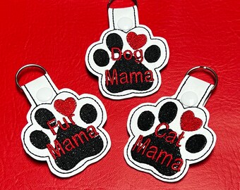 Embroidered Paw Print Key Fob: Personalized Cat Mama, Dog Mama Tag