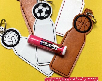 Embroidered Sports Lip Balm Holder Key Fob: Soccer, Baseball, Basketball