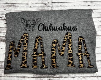 Embroidered Leopard Print Chihuahua Mama T-shirt