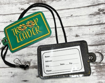 Personalized, embroidered Girl Scout troop leader luggage tag, ID badge holder
