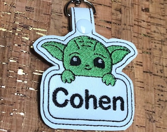 Green baby personalized, monogrammed, embroidered snap tags, backpack tags, lunchbox tags, diaper bag tags
