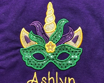 Personalized embroidered Unicorn mardi gras mask appliqued shortsleeve tshirt