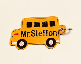 Embroidered School Bus Key Fob: Personalized Vinyl Backpack Tag