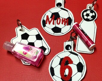 Embroidered personalized Soccer keychain, chapstick, sanitizer holder, and ID badge lanyard