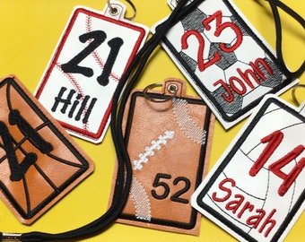 Embroidered, personalized, baseball, soccer ball, basketball, football, softball, volleyball IDBadge lanyard or luggage tag