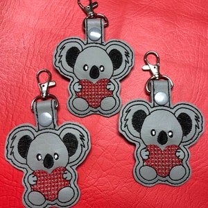 Embroidered Koala bear with heart key chain, key fob, backpack tag, luggage tag, purse tag, handbag tab, diaper bag tab